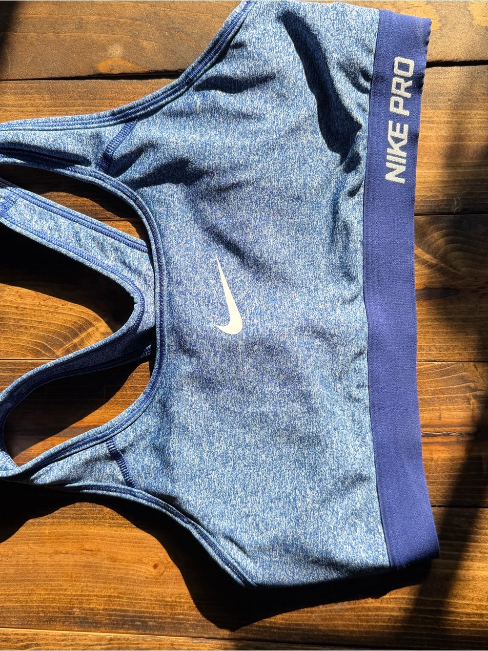 Nike Pro Heathered Blue Racerback Sports Bra with Navy Band